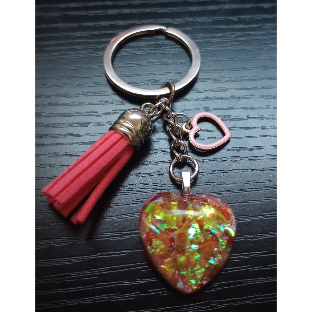 Dichroic Film Heart Pink Tassel Keychain with Pink Heart Charm‎